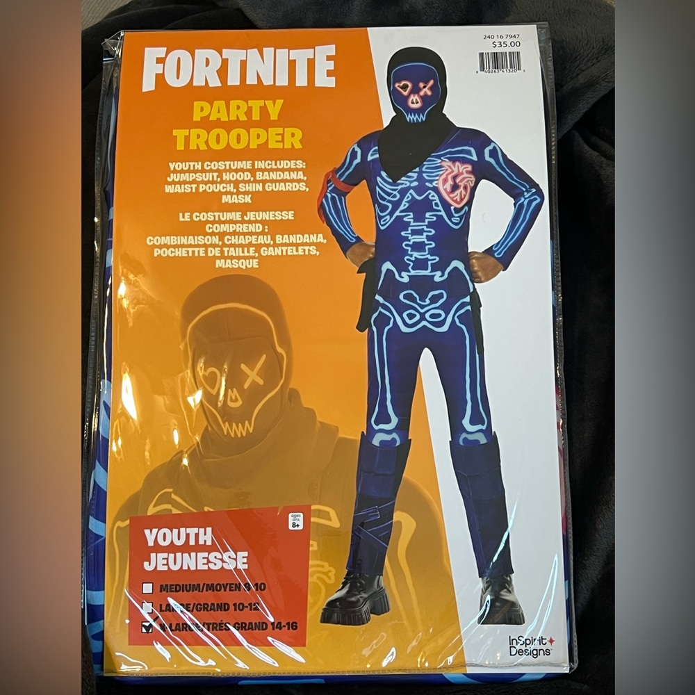 Fortnite Party Trooper Kids XL Skeleton Jumpsuit Costume - Blue/Black NWT